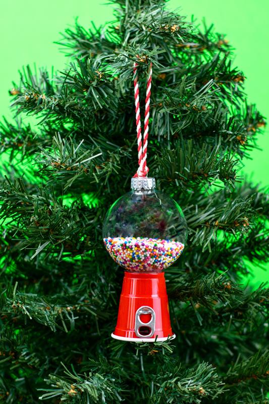 Retro Gumball Machine DIY Christmas Ornament hanging on a tree
