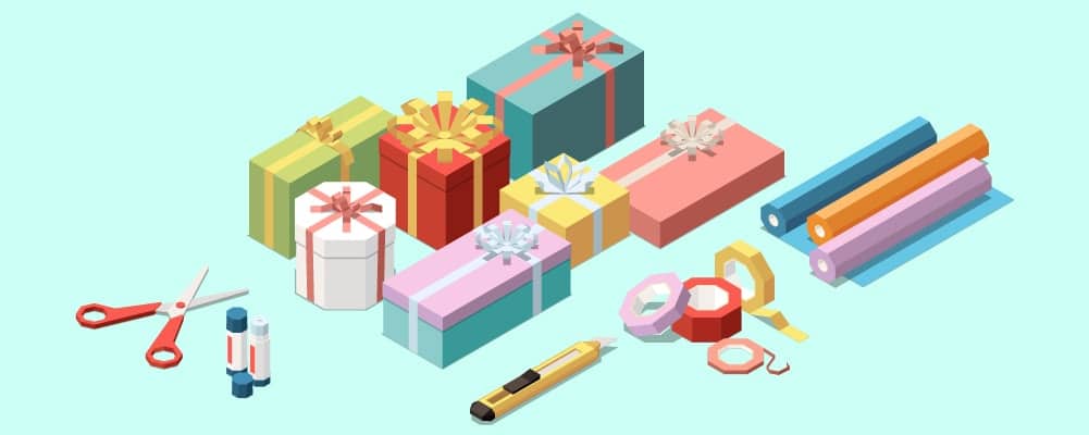 wrap presents with gift, wrap scissors, glue, box cuter, and ribbon