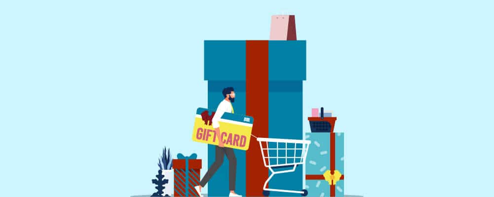 Man buying awesome gifts using some gift cards and discount coupon