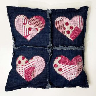 Denim hearts upcycled pillow 