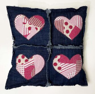 Denim hearts upcycled pillow