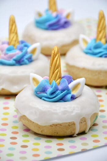 close up of completed homemade unicorn donuts.