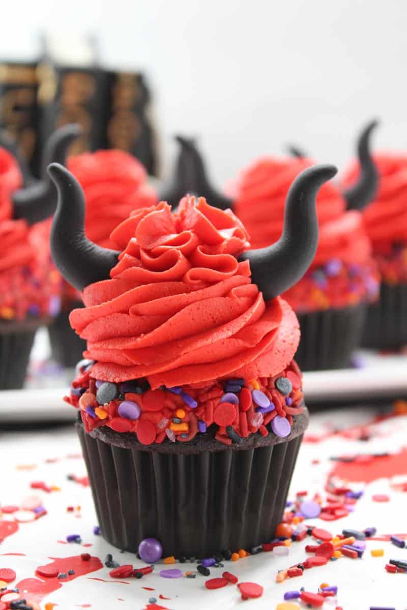 chocolate halloween cupcake with red frosting