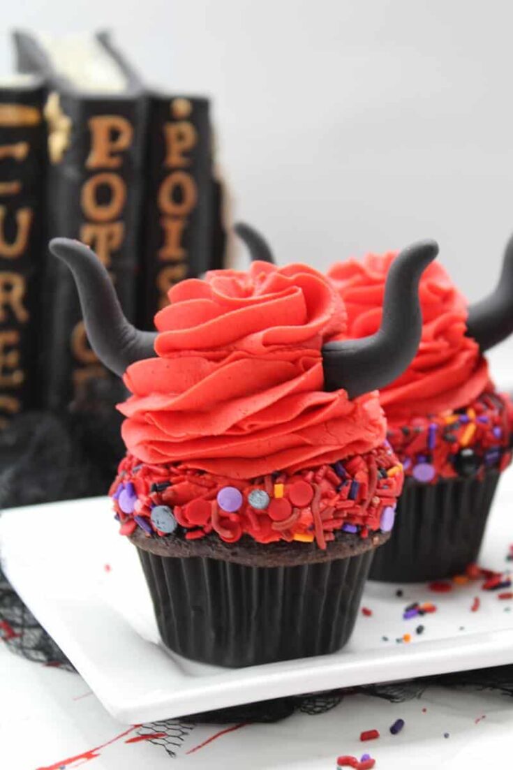 Spooky Devil's Horn Cupcake Recipe on white plate