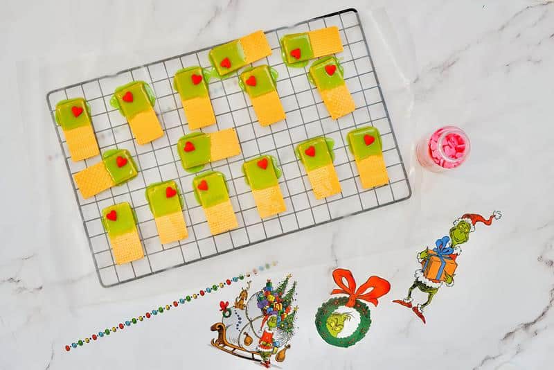 Grinch wafer cookie recipe on a cooling rack