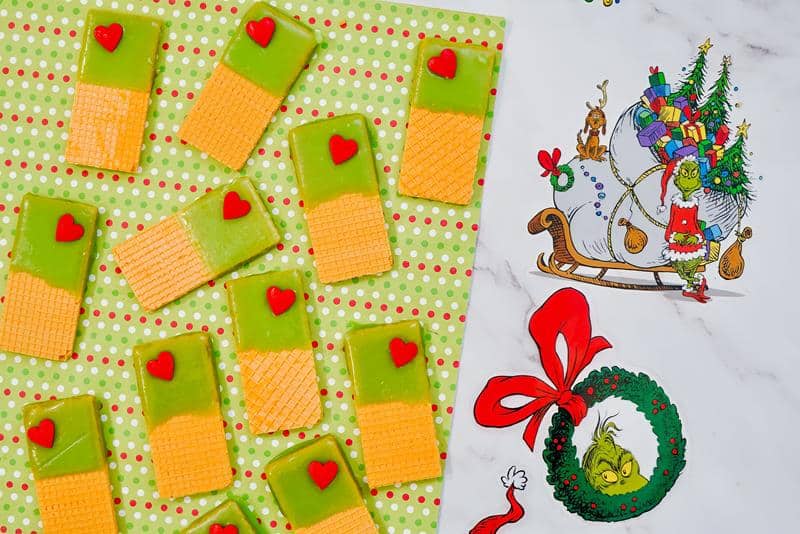 Grinch wafer cookies with sprinkles