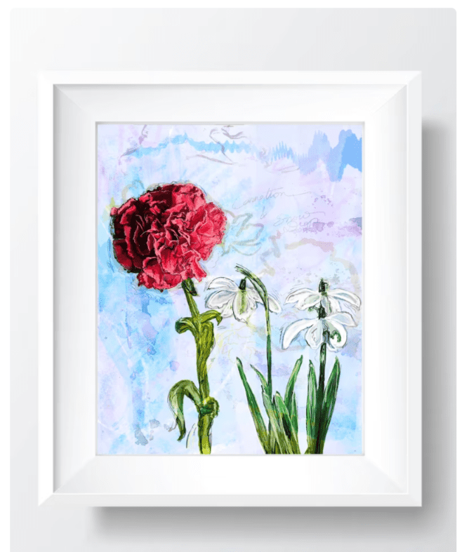 January birth flower art print gift ideas with carnation and snowdrop flowers 