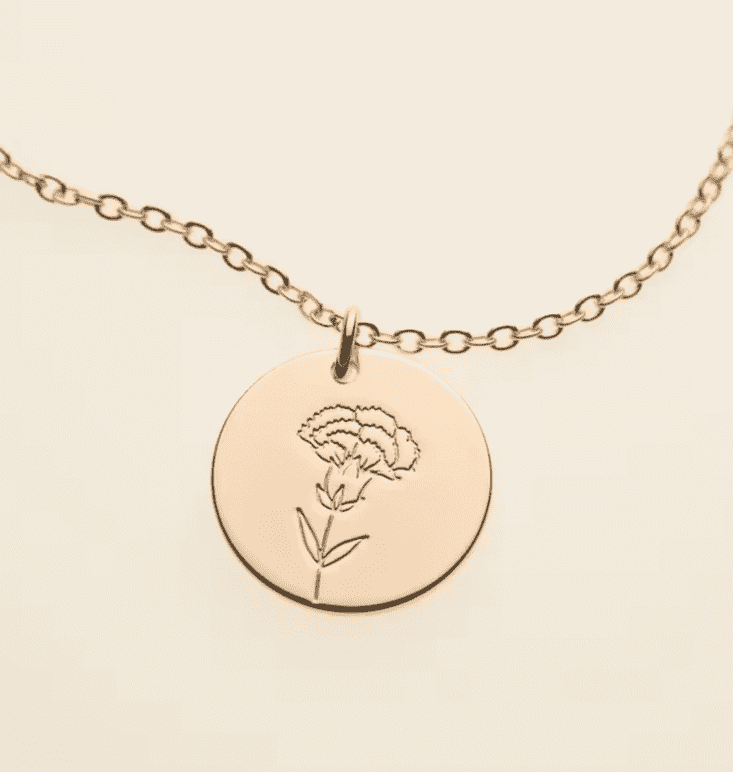 Carnation stamped pendant necklace for a January birthday