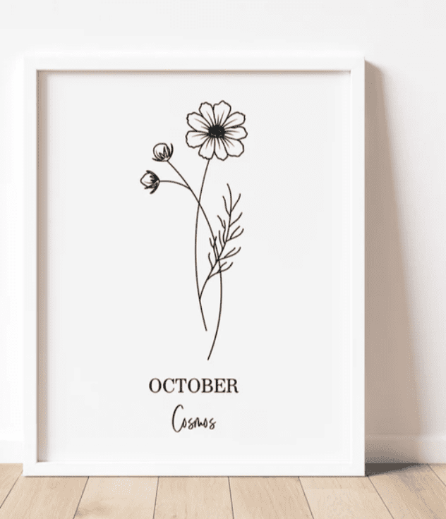 Simple October cosmos black and white birth flower art print