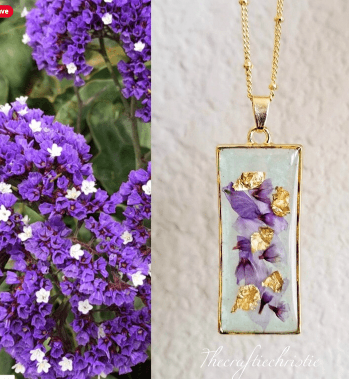 Real Larkspur Pressed Flower Necklace with gold trim