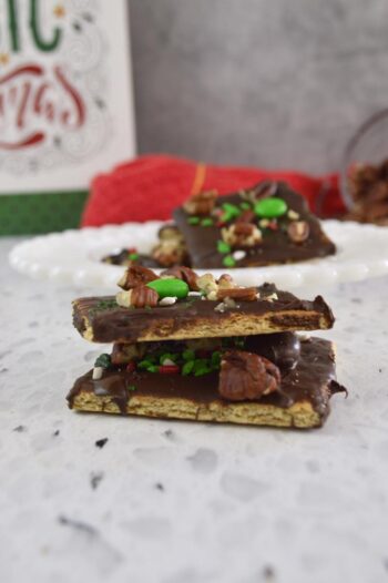 Side view of Christmas Pecan & Chocolate Covered Graham Crackers.