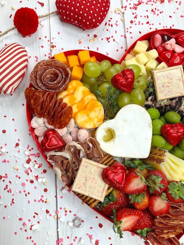 Showing above view of Heart-y Valentine's Day Charcuterie Board.