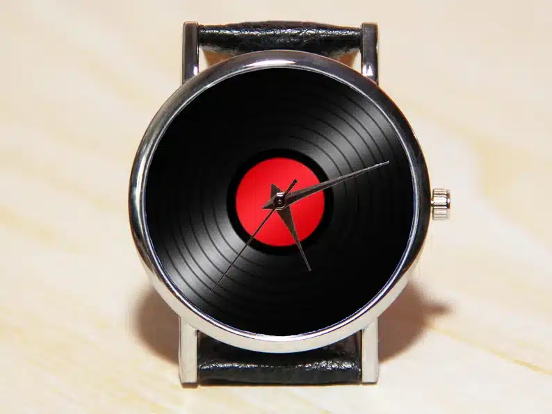 Leather watch with record face