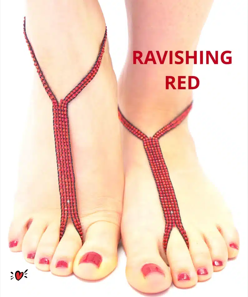 Red sparkly barefoot sandlas