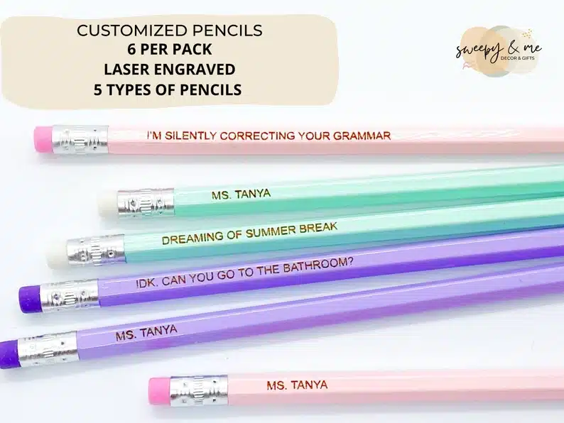 Engraved pencils in pastel colors for a teacher