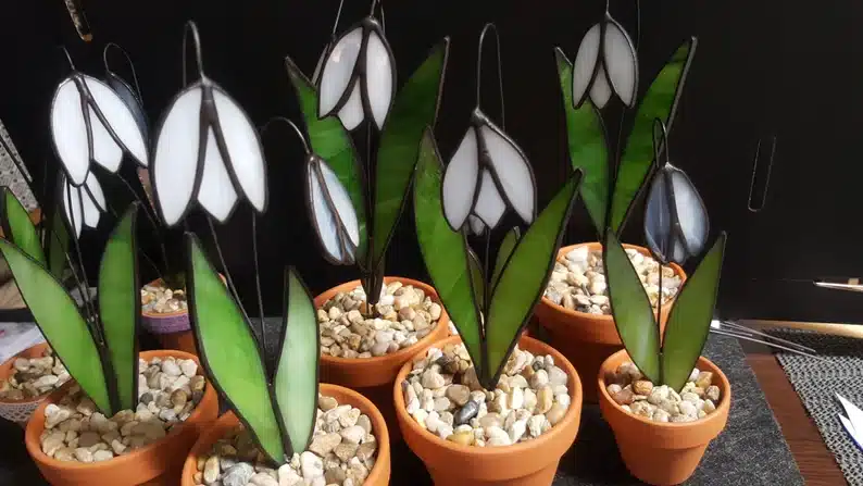 Pretty stained glass snowdrop flowers in mini flower pots