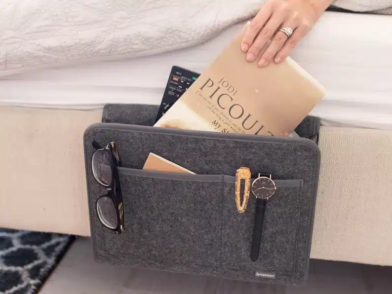 Bedside organizer for a woman who is in bed and needs to get well soon