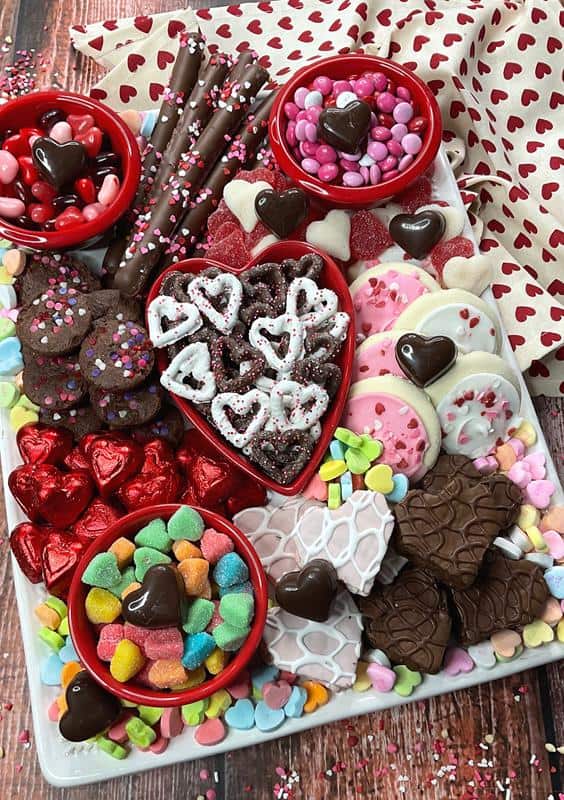 close up of snack board showing white and chocolate covered heart shaped pretzels, valentine sugar cookies, heart shaped brownies, heart shaped candies, and pink and red chocolates.