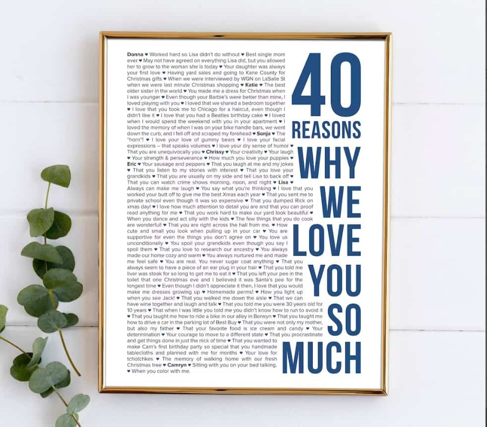 40 Reasons Why We Love You so much art print gift