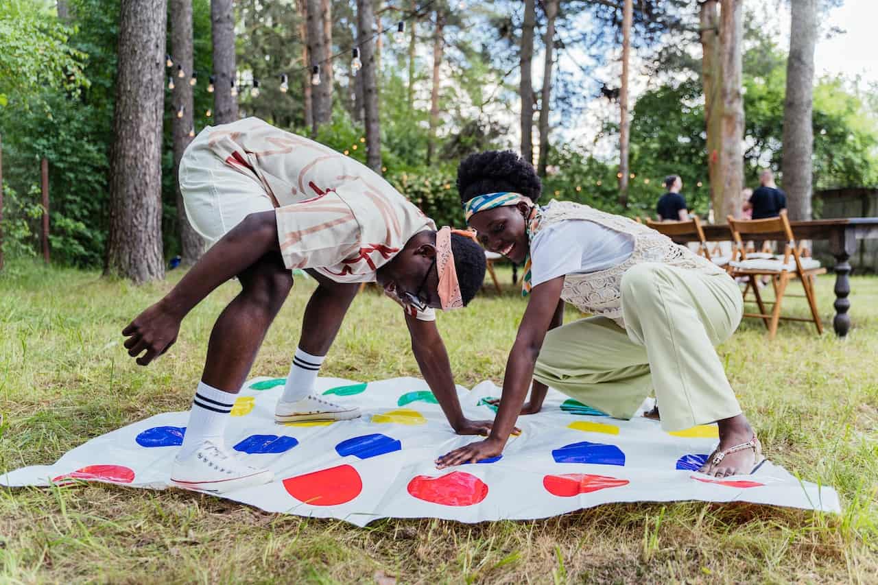 playing twister in the backyard