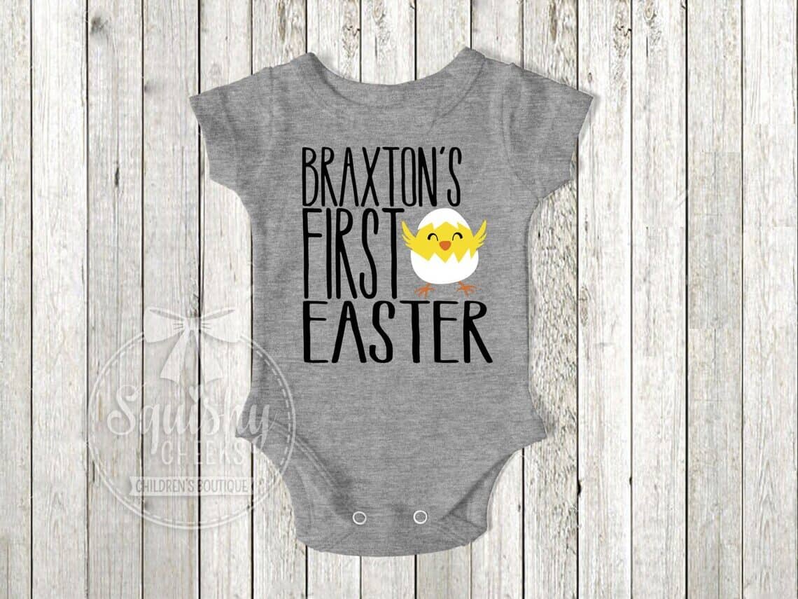 Baby boy's first easter personalized onesie with a chick on it