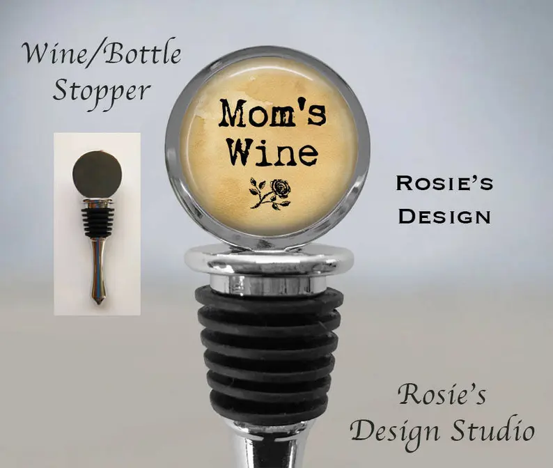 Mother's Day Gift Ideas for New Moms: White stopped with round top that says Mom's wine with a rose below it. 