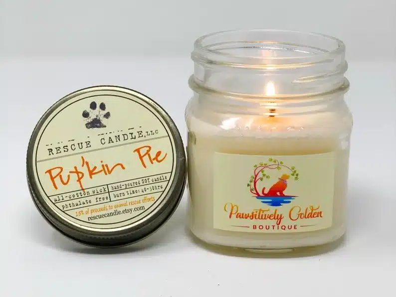 Pupkin pie scented candle where proceeds go to dog rescues