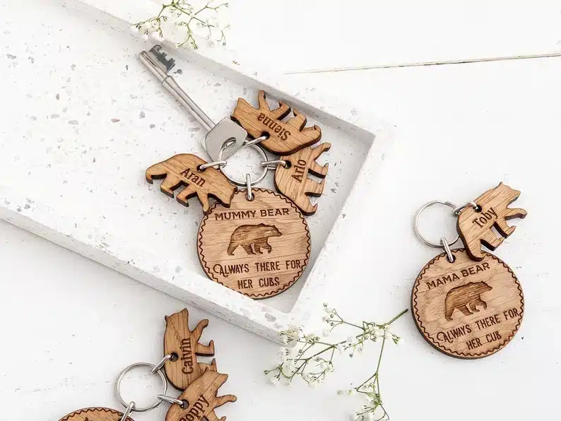 Mother’s Day Gifts for a Daughter: Wooden mama bear keychain set. 
