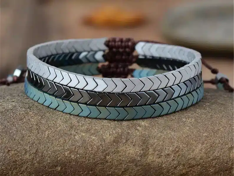 Blue, light grey, and dark grey Men's hematite bracelet. 