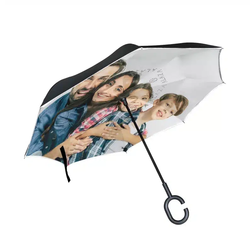 Personalized umbrellas, black umbrellas with a white inside with a family photo on it. 