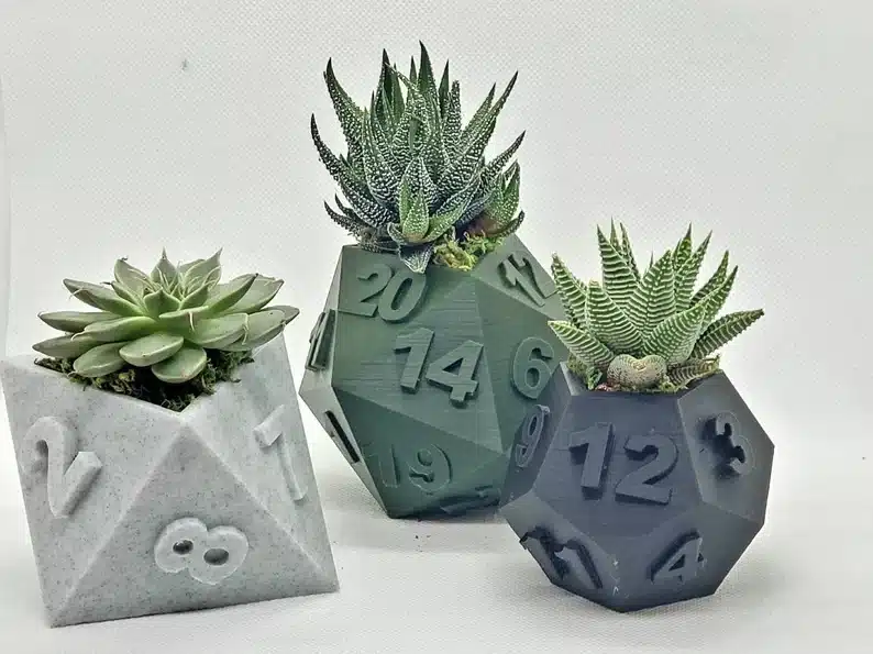 Tabletop RPG dice succulent plant pots