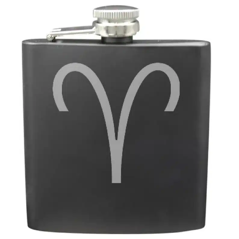 Gift Ideas for an Aries Man: Black flash with Aries design on it in silver. 