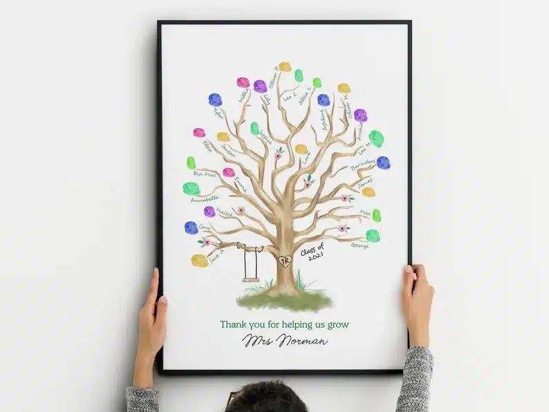 Person holding a large framed tree with different colored fingerprints of family members as leaves all over it. 