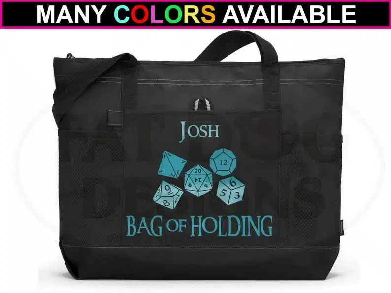 personalized bag of holding dungeons and dragons gift with dice on it