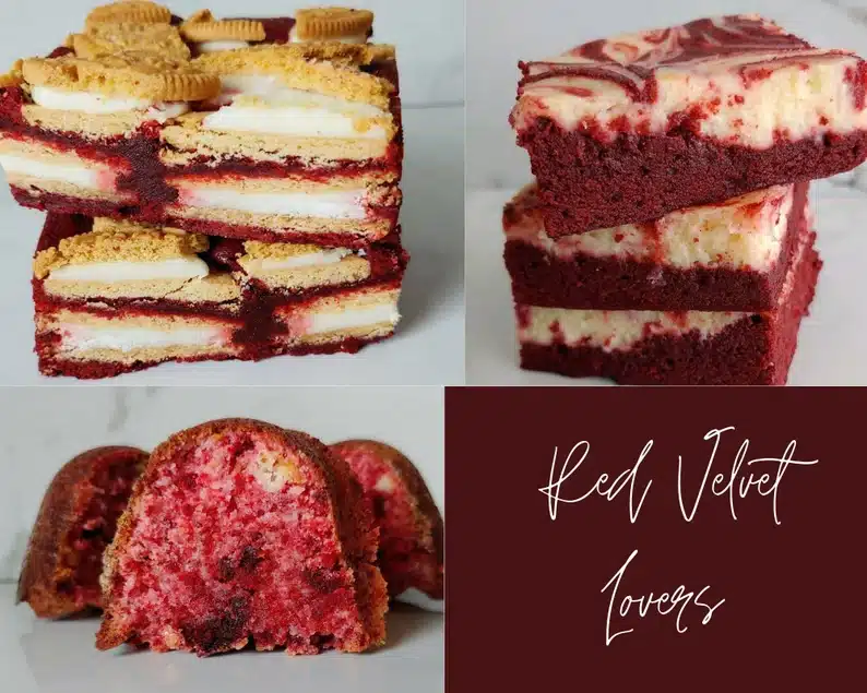 Three different photos of various red velvet treats, cookie bar, cake, and truffles. 