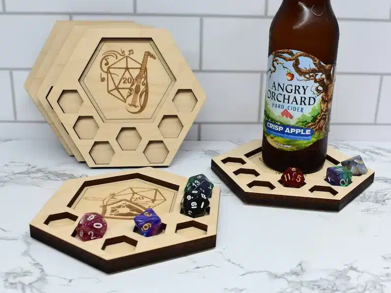 Wooden dice tray coaster sets shown. 