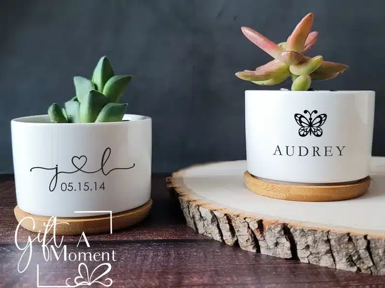 Two white flower pots one with child names and birthday on it the other with Childs name and a butterfly in black writing with succulent plants in both. 