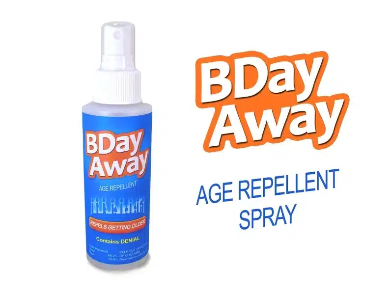 White spray bottle with blue label and orange font that says Bday Away age repellent spray. 