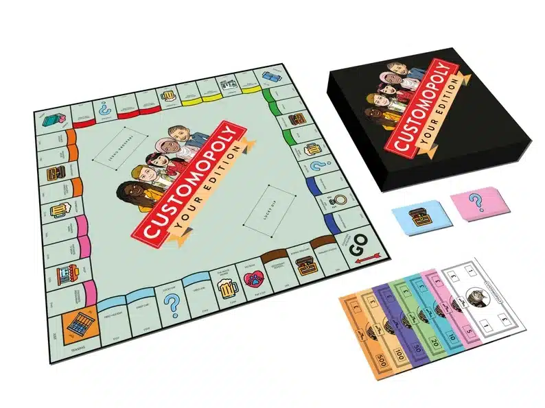Personalized monopoly board shown. 