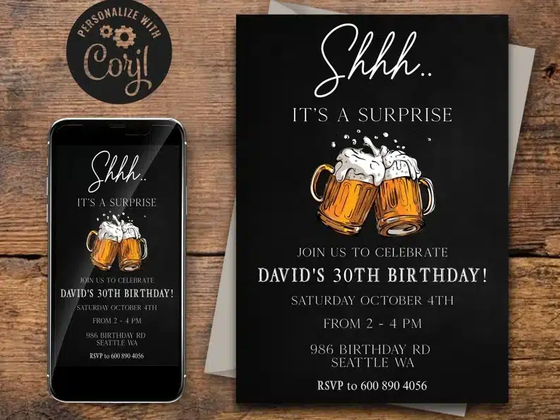 Beer themed 30th birthday invitations