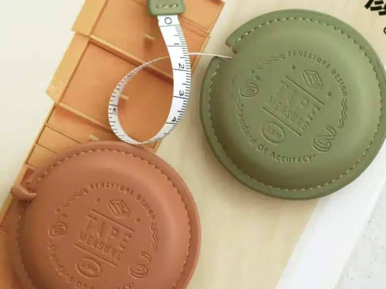 leather tape measure cases one tan and one green.  