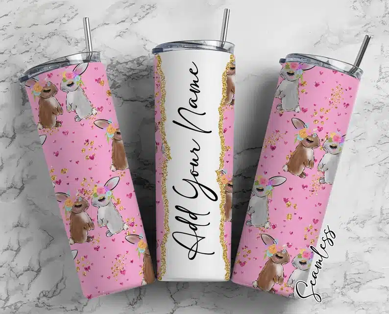 Easter Gifts for Diabetics: Three long tumblers, pink with two bunnies on it. 