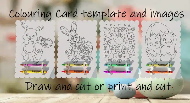 Four Easter cards with different pictures on it each with two crayons attached to it. 