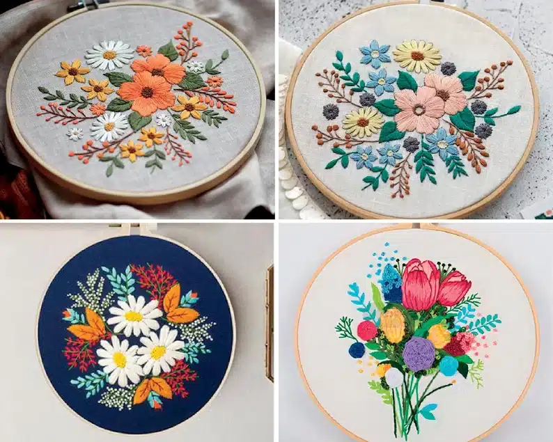Four round embroidery completed projects shown all having colored flowers on them. 