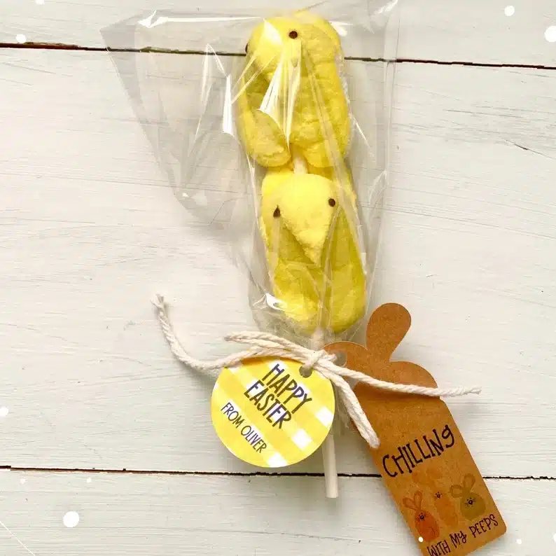 Two yellow marshmallow chicks wrapped up on a white stick. 