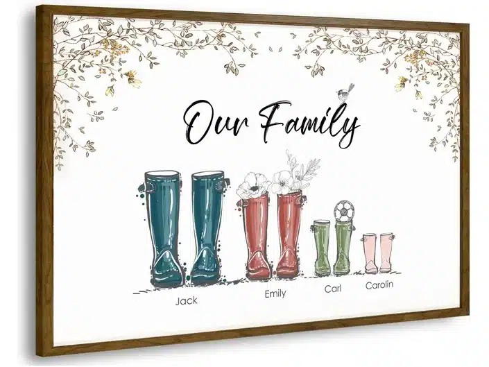 Framed artwork showing four sets of rubber boots largest to smallest with names of family members below it, above in large black font it says OUR FAMILY 