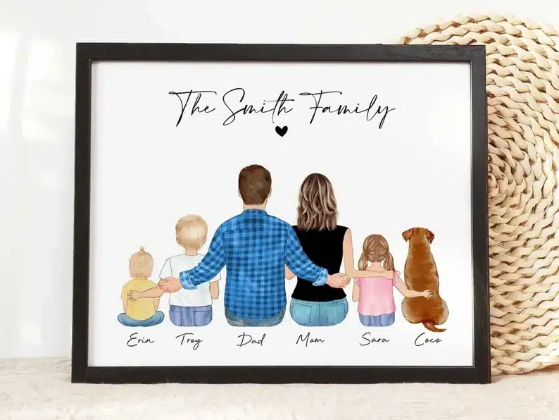 Black framed white background illustration of a family of five with their dog. 