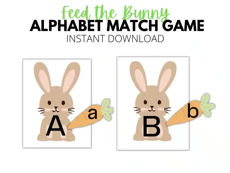 Instant Download, shows two different work sheets each with a cartoon brown bunny with A and B on the other with a matching printable proange carrots also with an A and B on it. 