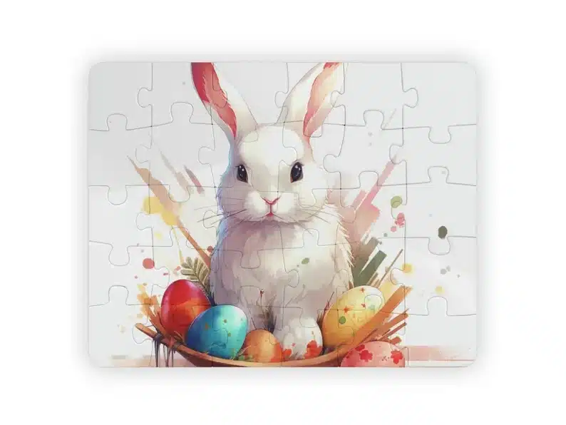 Easter Gifts for Kindergarten: white bunny sitting on a basket of colorful eggs puzzle. 