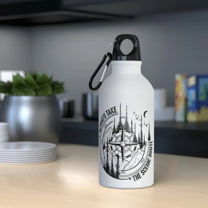 Gift Ideas for an Aries Man: White thermal water bottle with a black lid with compass and trees on it. 